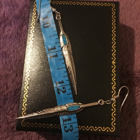 Vintage Native American 925 Arrow Feather Turquoise Dangle Earrings - Picture 11 of 15